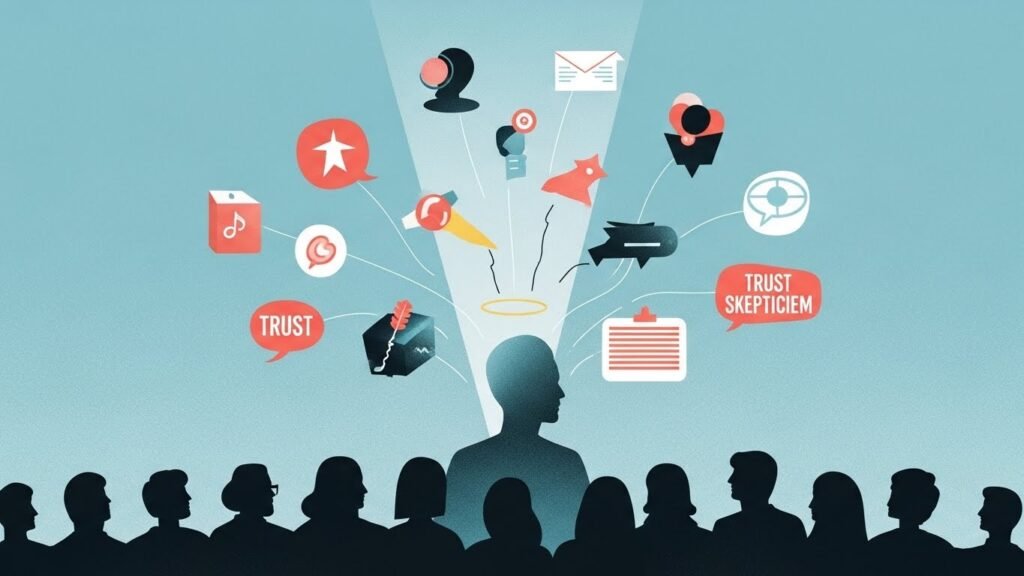 Silhouetted figure with communication icons.