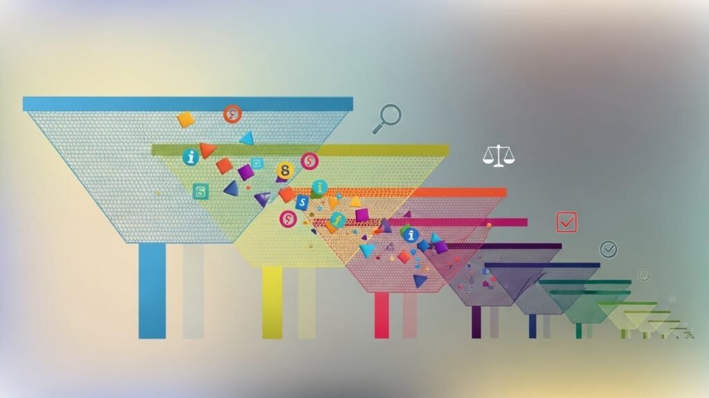 Colorful funnels representing data processing