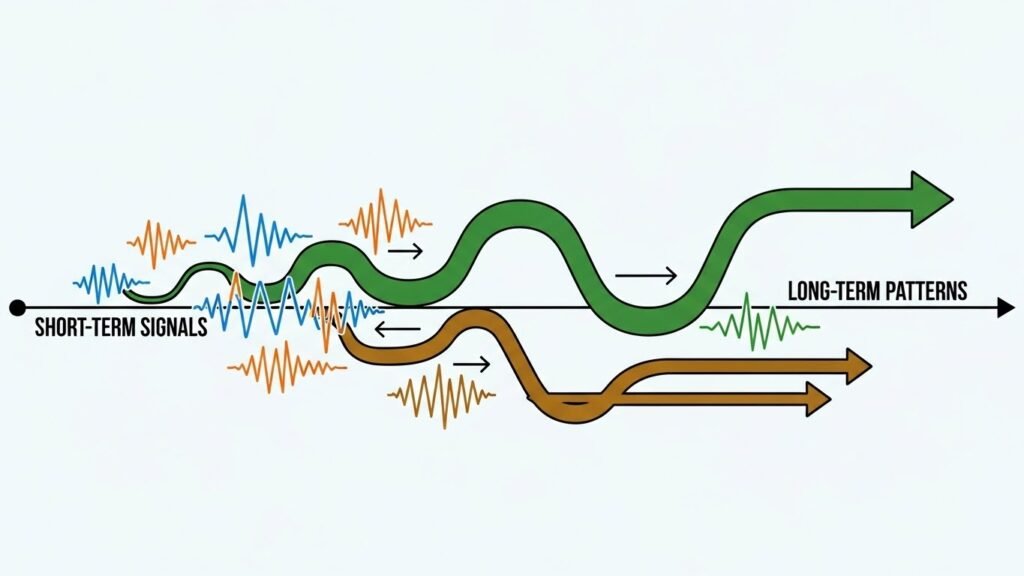 Illustration comparing short-term and long-term influence effects
